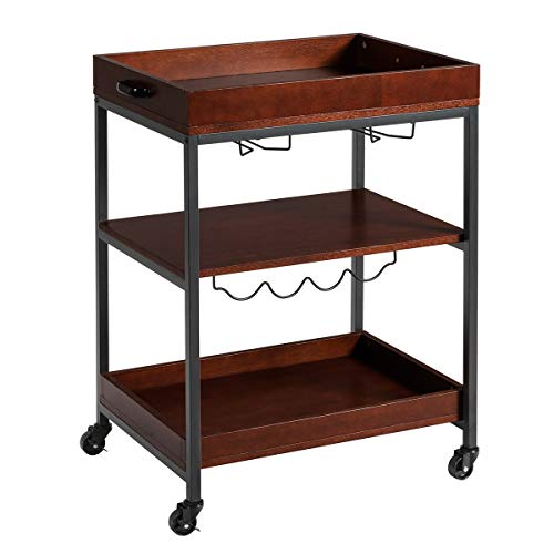 Giantex Kitchen Island Cart Rolling Industrial Style Trolley 3-Tier Serving Cart Utility Cart Wood Kitchen Stand With Glasses Holder And Wine Bottle Rack, Metal Frame And Castors, Rustic Brown #TOP7