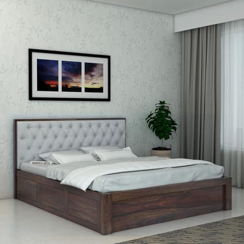 Image of Ganpati Arts Sheesham Wood Decan King Size Bed with Box Storage | Wooden Double Bed Cot Palang for Bedroom, Home & Hotel Furniture (Walnut Finish)