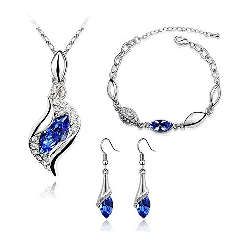 Graces Dawn Beautiful Cubic Zirconia with Platinum Plated Chain Necklace Angel Elf Pendant Mosaic Crystal Necklace Bracelet and Earrings Set Necklace 18" (Royal Blue)