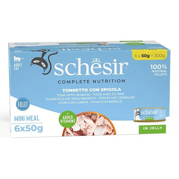 Schesir Tam ve Dengeli Ton Balığı ile Levrekli Jöle İçinde Kedi Konservesi Multipack 6x50g