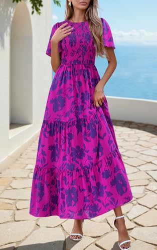 Image of PRETTYGARDEN Women's 2026 Summer Casual Flutter Short Sleeve Boho Floral Maxi Dress Crew Neck Smocked Tiered Long Dresses