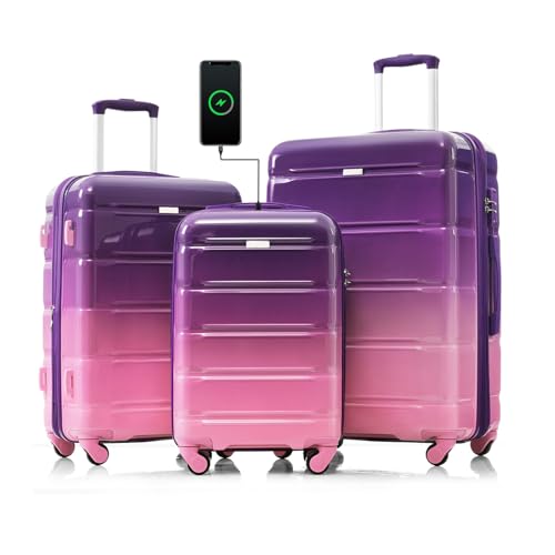 3-Piece Luggage Set with USB Port, Carry-on Size, Airline Approved, Durable ABS+PC Hard Shell, Spinner Wheels, Purple and Pink