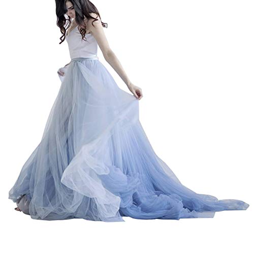 WDPL Women's High Waist Maxi Blue Cowl Wedding Tulle Bridal Skirt with Long Train