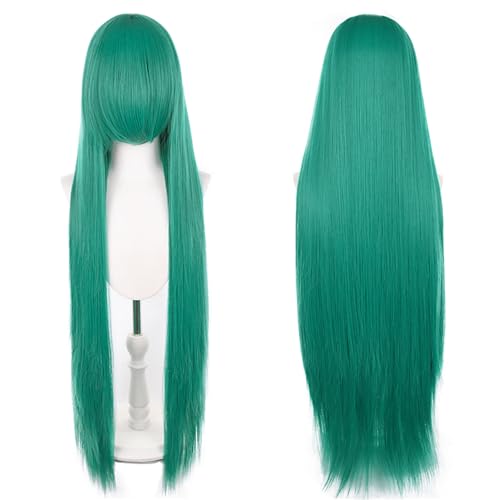 XiongXiongLe 40 Inch Universal Wigs Dark Green Long Straight Wig with Bangs for Adult Women Homemade Styling Cos Party Halloween Themed TV Film Anime Game Character