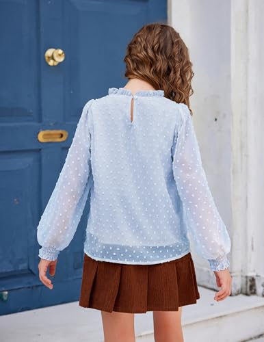 Image of Arshiner Girls Long Sleeve Shirts Chiffon Blouses Swiss Dot Frill Neck Top