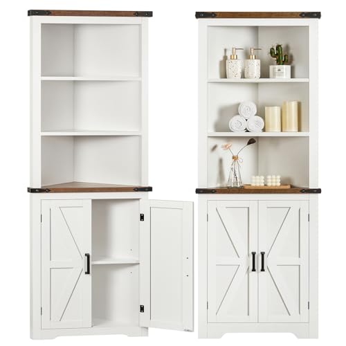 Image of TEENFON Farmhouse Corner Cabinet, 70 inch H Tall Corner Hutch with 5 Shelves & 2 Barn Doors, Bathroom Cabinet with Adjustable Shelf, for Living Room, Kitchen, Bathroom, White