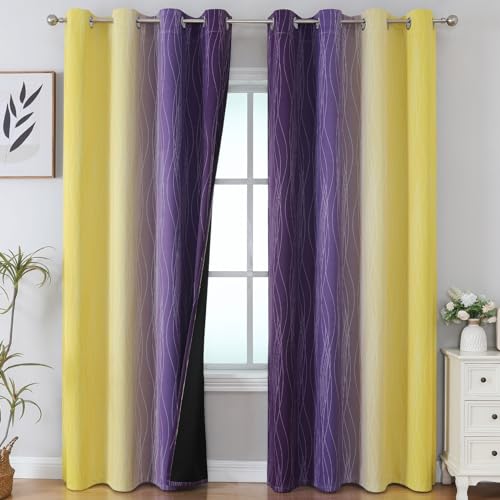 Image of Estelar Textiler Yellow and Purple Ombre Blackout Curtains 84 Inch Length for Bedroom, Thermal Insulated Full Light Blocking Grommet Gradient Blackout Drapes for Living Room, 52Wx84L, 2 Panels