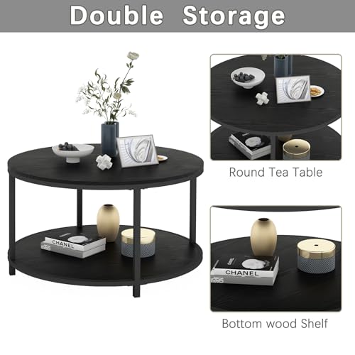 Image of NSdirect Round Coffee Table, 27.6 inch Small Coffee Table for Living Room,2-Tier Rustic Wood Desktop with Storage Shelf Modern Design Home Furniture(Black)