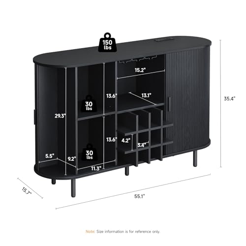 Image of ONBRILL 55 inch Wine Bar Cabinet with LED Light,Modern Liquor Whiskey Coffee Station with Wine Rack and Glass Holder, Farmhouse Buffet Sideboard with Storage for Living Room, Kitchen, Entryway (Black)