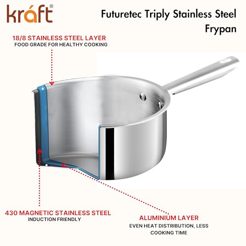 Image of Kraft- follow your imagination Futuretec Triply Stainless Steel Cookware Saucepan With Lid - 1.6 Litre, 16 Cm / 2.5Mm Thick /Tea, Chai, Milk Pan /Stay Cook Handle /Induction Base / 5 Years Warranty