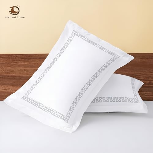 Image of Pure Cotton 500 TC Pillow Cover Set | Greek Embroidered Pillow Cover Set | Percale Weave | 18 X 27 Inches (2, Silver Loops)