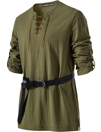 PARKLEES Mens Medieval Viking Pirate Costume Vintage Renaissance Halloween Shirts Green Large