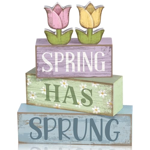 Image of Moucuny 4 Pcs Spring Table Decorations Wooden Stacked Block Sign with Tulip Decor - inchspring Has Sprung inch Centerpiece Rustic Easter Tiered Tray Decorations Flower Signs for Home Kitchen Tabletop Mantel