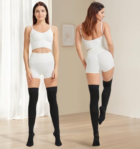 Image of NURCOM 15-20 mmHg Medical Compression Stockings with Dot Silicone Band, Closed Toe Thigh High Compression Socks for Women and Men, Graduated Support Stockings for Varicose Veins, DVT, Black, X-Large