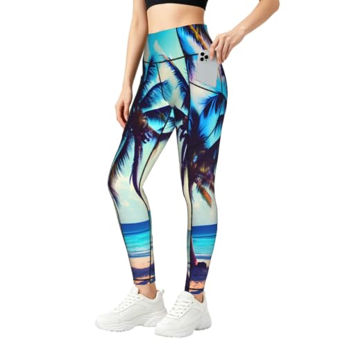 Pantalones de yoga para mujer Beach Palm Trees 1 elásticos con bolsillos prácticos