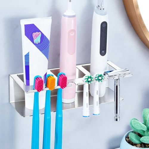 YYBO Soporte Cepillo de Dientes, Porta Cepillo de Dientes Eléctrico sin taladrar, Portacepillos de Dientes de Pared, Organizador Cepillos de Dientes y Pasta Afeitadoras para Familia