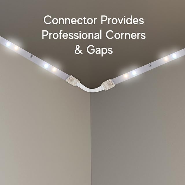 Close-up of an LED strip connected around a corner using a flexible connector, demonstrating professional corner installation.