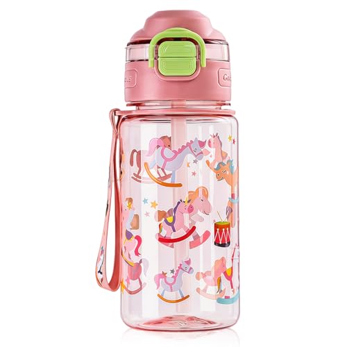 flintronic 18.6oz/550ml Botella de Agua Niños, Botella para Beber Pop-up, Botella de Agua Pajita para Infantil para Viajes Escolares Sin BPA, Sin Fugas, Reutilizable(Rosa)