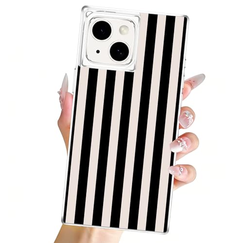 Coque carrée iPhone 15 transparente à rayures mignonnes pour femmes