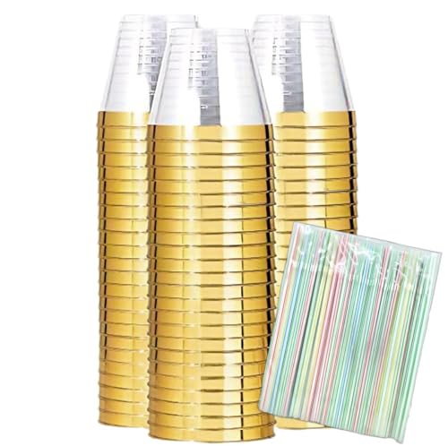 QIYUEQI 100 PCS 9 Oz Hard Reusable Plastic Gold Cups with Gold Rim and 100pcs Multiple Reusable Plastic Wine Glasses for Party,Cocktail,Wedding Tumblers,Holidays,Halloween,Christmas