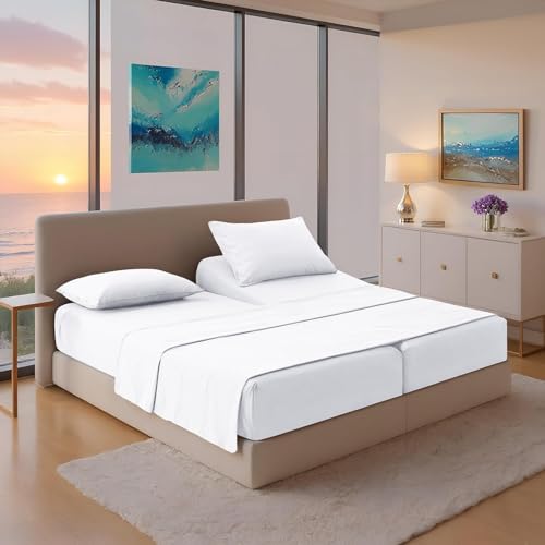 Image of THREAD SPREAD 100% Egyptian Cotton Split King Sheets Sets for Adjustable Bed - Luxury 1200 Series Plush Collection Split Top King Sheets (5 PC, White), Soft, Cooling, 17 inch Deep Pocket Sheet Set