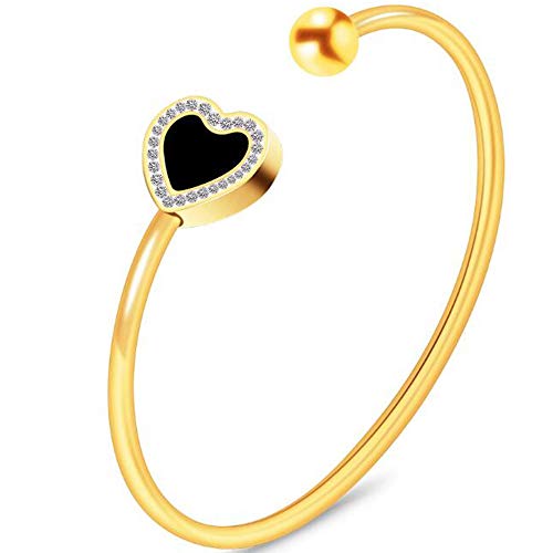 Jude Jewelers Stainless Steel Open Cuff Black Enamel Heart Bangle Bracelet