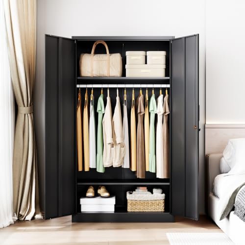 Image of Letaya Metal Wardrobe Cabinets with Lock,Clothing Locker 72 inch X 36 inch X 18 inch Storage Cabinets for Home Room,Fire Department, School, Employee,Gym,Government (Black)