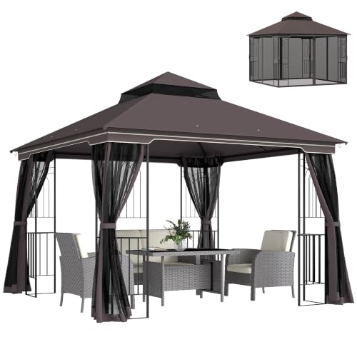 Outsunny Gartenpavillon mit Doppeldach Pavillon Gartenzelt Festzelt Partyzelt mit 4 x Seitenwand Metall+Polyester Kaffee 2,99 x 2,99 x 2,74 m