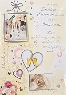 Happy Wedding Anniversary Card - Brother and Sister In Law - Champagne Heart Rose Foil