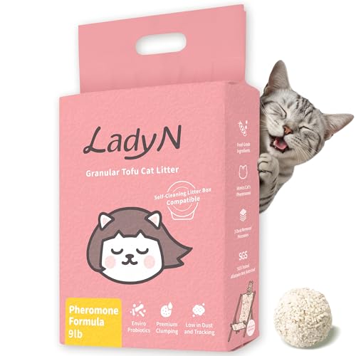 Lady N Arena granular de tofu para gatos compatible con caja de arena autolimpiable, aglomeración premium, ultra absorbente, reduce el estrés del gato, mantiene la calma, 9 libras (fórmula de