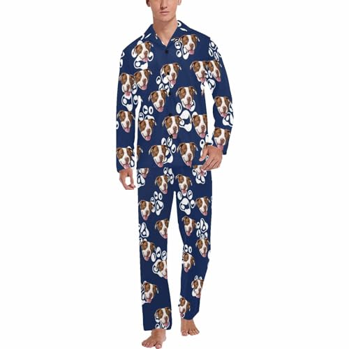 MyPupSocks Custom Face Pajamas Sets for Men, Personalized Pet Dog Paw Prints Navy Blue Pet Photo Pajamas Customized Long Sleepwear Pjs with Picture for Dad M