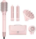 MESCOMB 5 en 1 Chaud Air Brosse de sèche-cheveux Styler – Styler de cheveux haute vitesse avec boucle automatique, pour séchage rapide, voluming, courbure, lissage, sans dommages de chaleur Multi styler avec étui de voyage, oeillet rose
