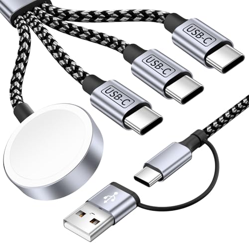 4 in 2 Charging Cable for Apple iWatch Charger with 3 Type-C Ports, Travel Essentials USB C Splitter Multi Charging Cable/Cord for iWatch Ultra/SE/10-1, iPhone17 16 15 14, Android, More -1Pack 5FT