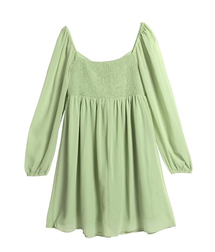 Image of Pinup Fashion Women Graduation Dress Sage Green Puff Long Sleeve Homecoming Engagement Sweetheart Neckline Short Chiffon A Line Dress, Small