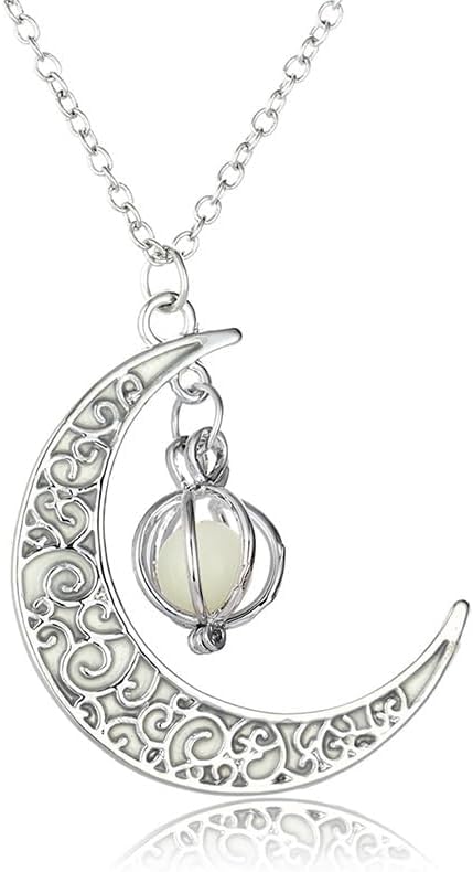Glow in The Dark Silver Crescent Moon and Orb Necklace - Glowing Blue Moon Charm - Magical Fantasy Fairy Glowing Necklace - Glow Jewelry (sky blue)
