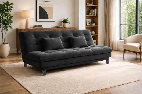 Image of 3 Seater Velvet Sofa Cum Bed, Tufted Convertible Sleeper Couch, Space-Saving Design, Comfortable Cushioned Seating - Black Color