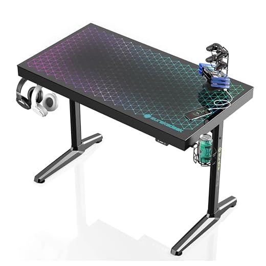 EUREKA ERGONOMIC RGB LED Gaming Desk, Music Sync Lights Up Tempered Glass Desktop, 43" GTG I43 Home Office Computer Table W Controller Rack 4 USB Charging Ports, APP Control