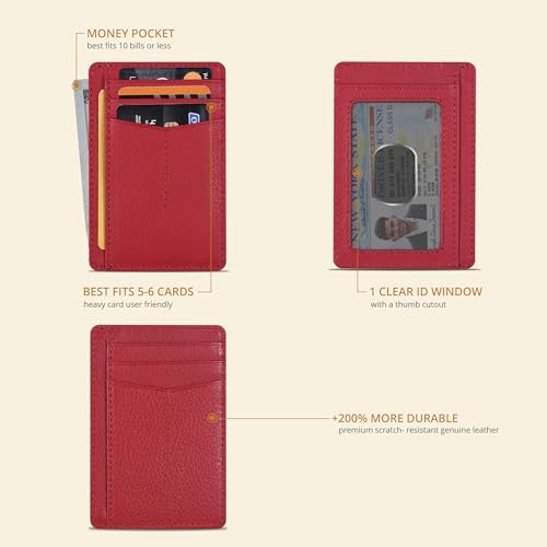 Image of Oak Leathers Leather Slim Minimalist Wallet for Men & Women RFID Front Pocket Leather Card Holder Wallets (Nappa Red)