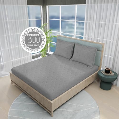 Image of BOUTIQUE LIVING India Radiance Cotton Blend 825 CVC Grey King Bedsheet with 2 Pillow Covers