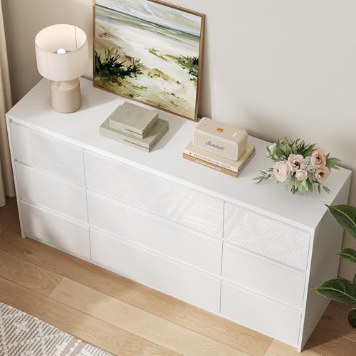 Image of White Dresser for Bedroom, 60.2 inch W High Gloss Large 9 Drawers Dressers with Handle Free, Wide High Gloss Chest of Drawers Large, Long Modern Storage Drawer Dresser for Bedroom, Living Room