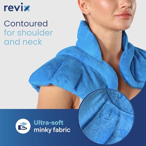 Image of REVIX Neck Heating Pad Microwavable, Weighted Microwave Heating Pad for Neck and Shoulders, Cordless Heated Neck Wrap with Moist Heat, Rice Heating Pad Microwavable for Muscle Discomfort, Blue