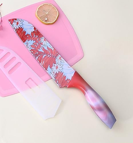Image of Color Printed High Carbon Stainless Steel Santoku Chef's Knife with Blade Cover, (Carmine)