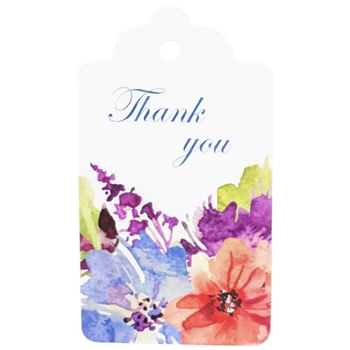Image of CVANU Floral Thank You Gift Tags (Set of 100), Elegant Flower Design (D13) Hanging Tags with Gold String for Wedding Return Gifts & Small Business Packaging (2.85 x 1.7 Inch)
