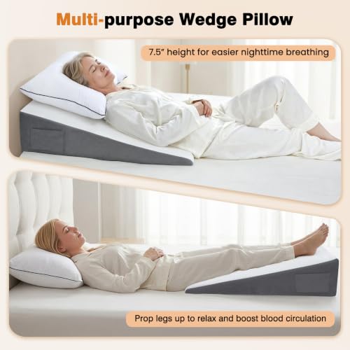 Image of Vekkia 31 inch Extra-Long Wedge Pillow for Sleeping & Resting, Back Support | 7.5 inch Height Bed Wedge for Adult Acid Reflux Relief, Sleeping, Snoring, Post Surgery, Washable Cover & Dual Pockets,White /Gray
