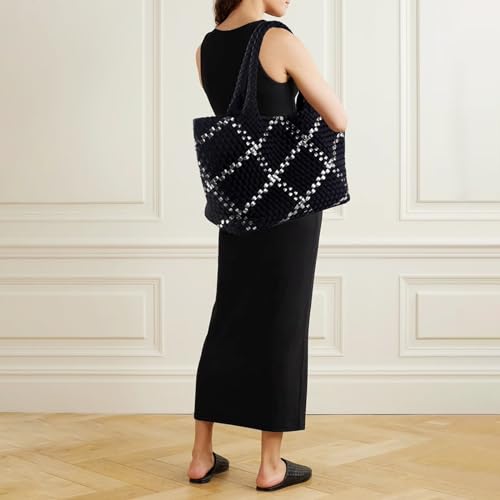 Image of Woven Bag for Women, Large Neoprene Tote Bag Summer Beach Handbag Purse Retro Handmade Travel Shoulder Bag Set