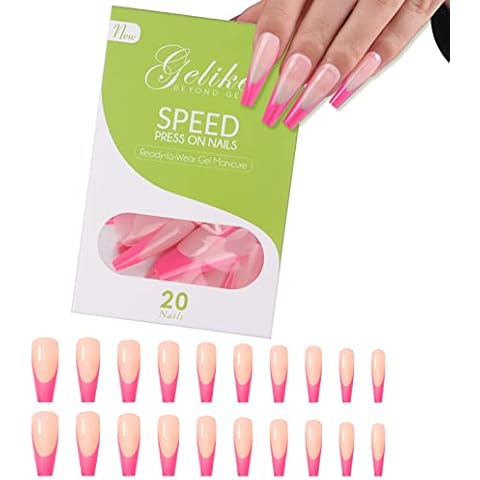 Gelike ec Press on Acrylic Nails Ready to Wear Gel Manicure, 10 Size Medium Coffin Blue Pink French False Nail Tips Kits 20Pcs Fake Nail with nail adhesive tabs (Pink Red) Cover