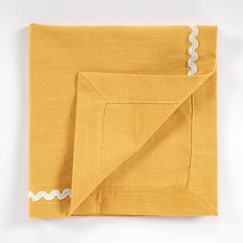 Image of FINGERCRAFT Cloth Napkins Set of 6, 18x18 Inch, 100% Cotton Table Napkins with RIC Rac Scallop Lace Trim, Reusable Washable Dinner Napkins for Wedding, Party, Dining & Home Decor (Yellow)