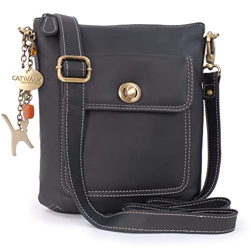 Catwalk Collection Handbags - Bolso Bandolera Pequeño de Piel Auténtica - Bolsito Mujer - Bolso de Mano con Correa Ajustable - Laura - Negro