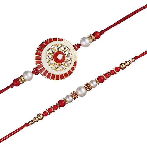 Image of eCraftIndia Set of 2 Green & Golden Shri Krishna and Radha Krishna Playing Flute Designer Religious Rakhis | Roli Chawal Pack | Rakhi for Brother