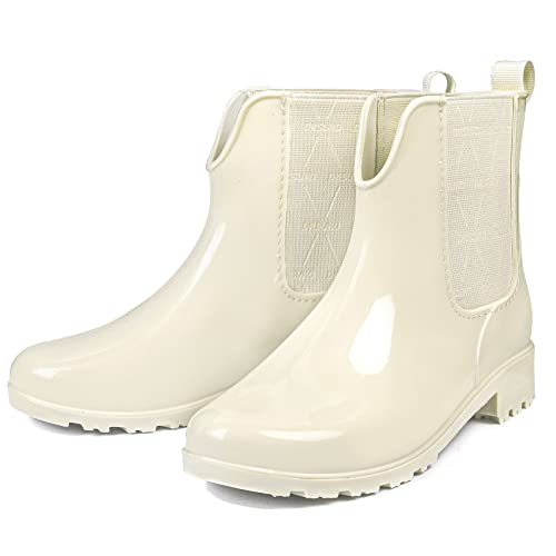 Dksuko Rain Boots For Women Waterproof Elastic Slip On Ankle Chelsea Booties Garden Rain Shoes (8.5 B(M) Us, Off White) #TOP6